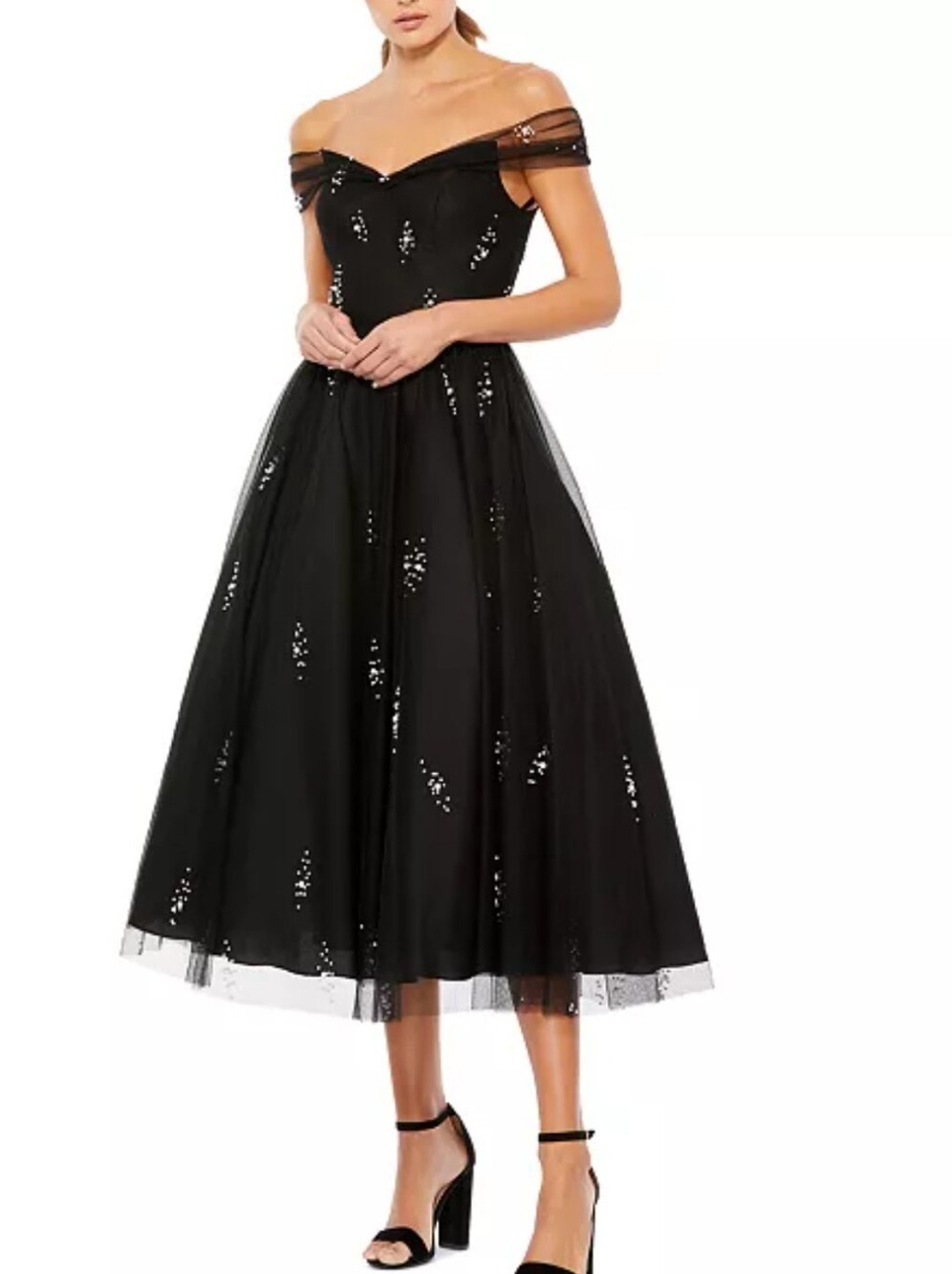 Ieena Mac Duggal Pearl Wedding Off-Shoulder Black Midi Tulle Party Dress